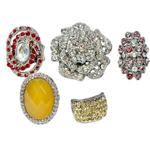 Lot of 5 Rings Vintage Silver Tone with Rhinestones Multicolor Fantasy Jewelry